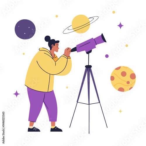 An astronomer observing the sky image. Flat image isolated on white background. Vector illustration.