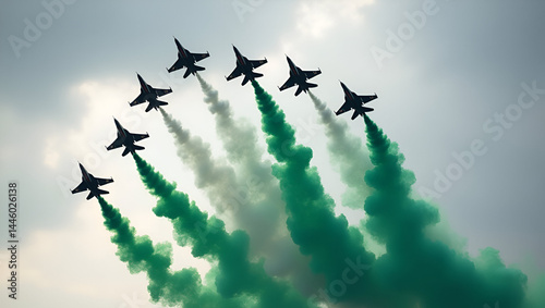 Fighter jets perform an aerial display, leaving bold green and white smoke trails in the sky, symbolizing the Pakistan flag. The jets fly in a tight formation against a soft sky backdrop.