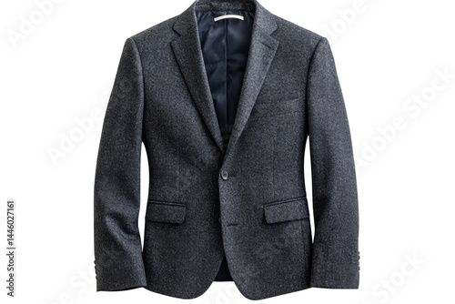 Stylish dark grey tweed blazer perfect for fall hangs on a white background Clean lines subtle photo