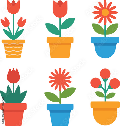 Flower Pots with Vibrant Bloom Icon Set for Colorful Spring bloom or Floral Design. vector illustration.