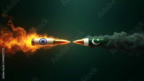 Two bullets, one in Pakistani colors and one in Indian colors, speed toward each other in mid-air. Background is dark and dramatic, with motion blur and sparks showing conflict and impact.

