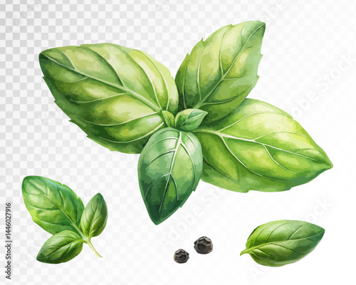 Green basil. Basil leaves. Watercolour style. Vector.