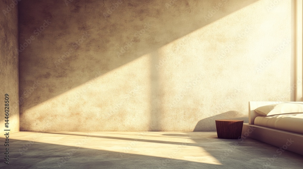 Sunlight streams into a simple, beige-toned room. Sunlight streams into a simple, beige-toned room.