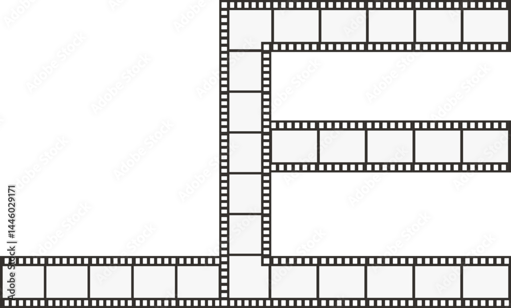 Fototapeta premium An E-shaped line path with an attached line segment, containing negative film squares, resembling a classic film strip.