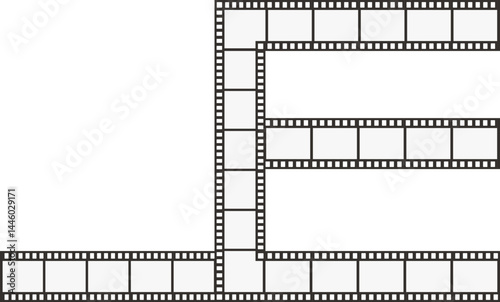 An E-shaped line path with an attached line segment, containing negative film squares, resembling a classic film strip.