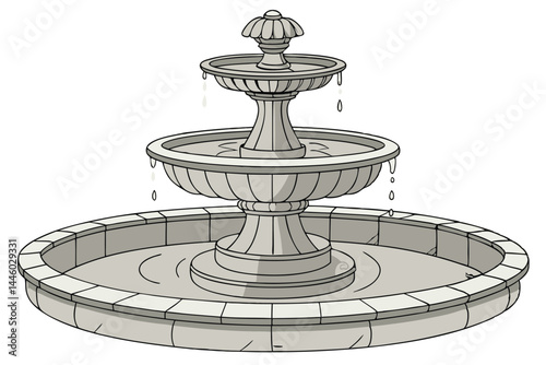 82 Ornate stone fountain, tiered water feature, flowing water streams, classical design, garden centerpiece, circular base, intricate details, splashing droplets, sunlit water, isolated on white backg