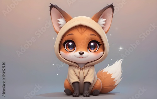 Adorable cartoon fox sitting wearing a tiny hoodie with big sparkling eyes, illustration of a cartooned fox wearing a hoodie