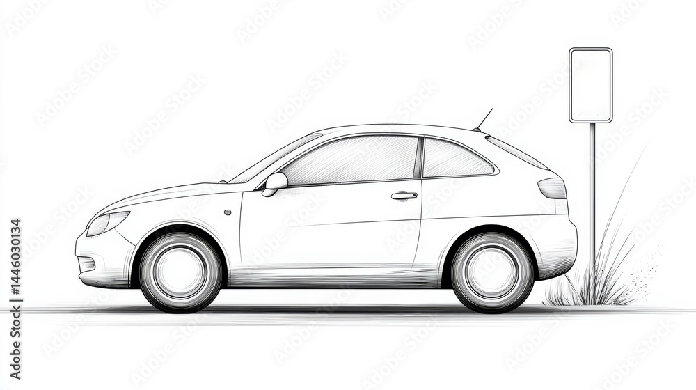 Illustrative Line Art of a Car in Motion Approaching a Street Sign Illustrative Line Art of a Car in Motion Approaching a Street Sign