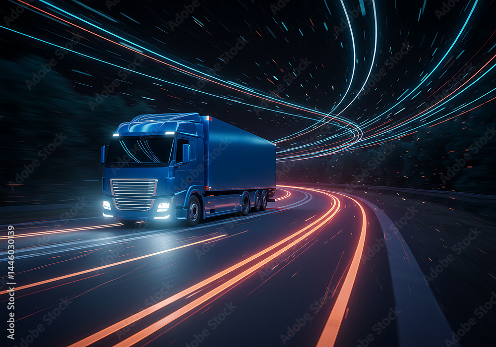 Fototapeta premium A blue futuristic semi-truck is speeding along a road, creating neon light trails at night.