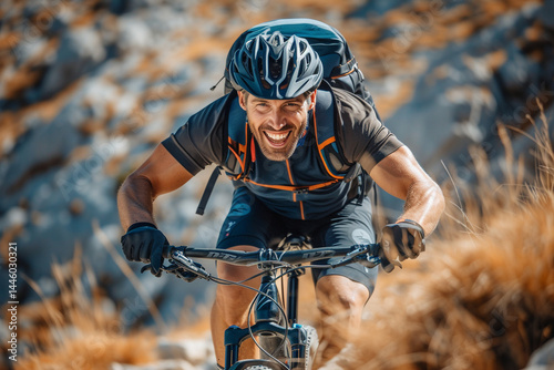 THE thrill seeking male mountain biker joyfully descends slopes, relishing in exhilarating ride and embracing adventurous spirit of mountains    