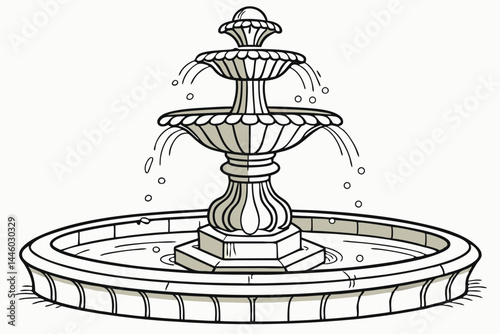 82 Ornate stone fountain, tiered water feature, flowing water streams, classical design, garden centerpiece, circular base, intricate details, splashing droplets, sunlit water, isolated on white backg