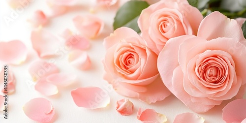 Delicate Pink Roses and Petals on White Background