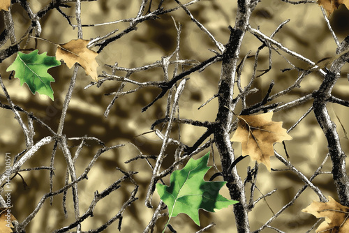Realistic camouflage print. Seamless pattern. Oak tree, branches and leaves. Useable for hunting and military purposes.