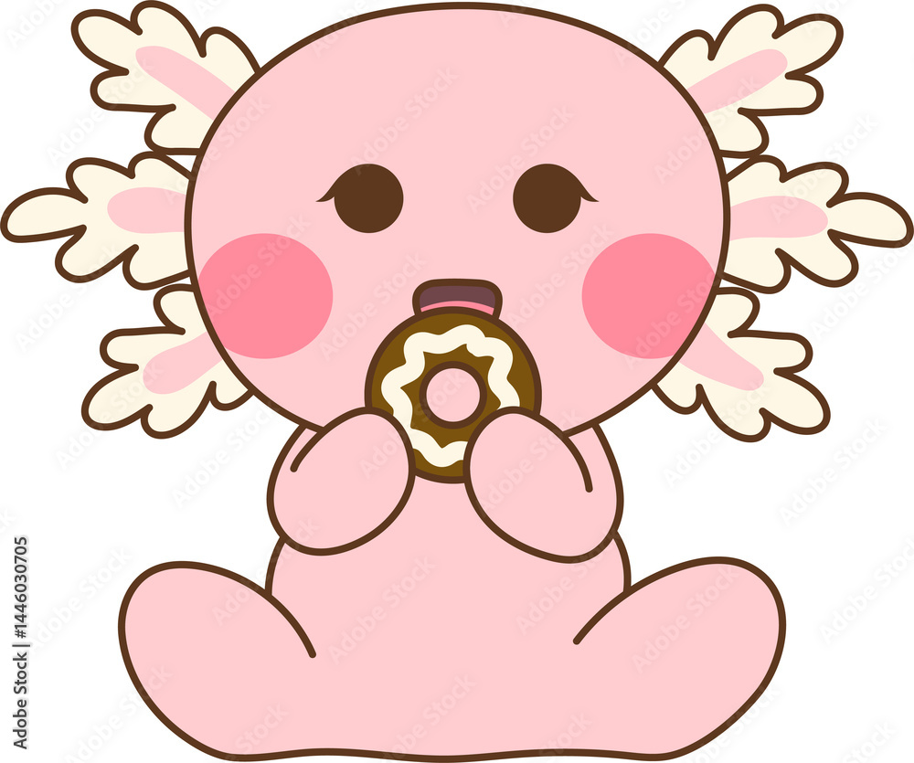 Cute pink axolotl sitting and eating a donut Cute pink axolotl sitting and eating a donut