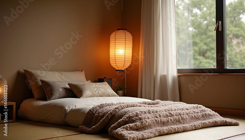 Japanese style bedroom with cozy bed and warm lighting, serene atmosphere