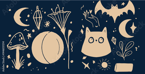 Hand-drawn vintage mystical and magic symbols illustration