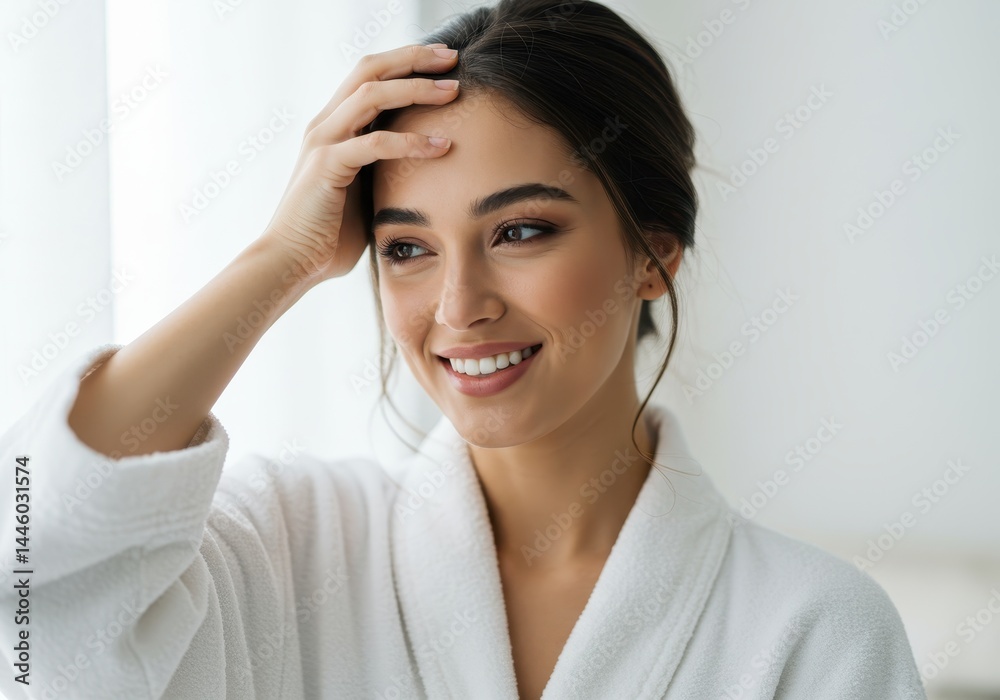 Smiling woman in robe with hand on head looks to the side in a bright room Smiling woman in robe with hand on head looks to the side in a bright room
