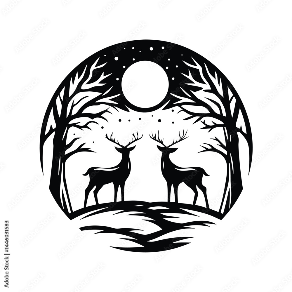 Fototapeta premium Black Silhouette of Two Deer Standing in Forest with Full Moon and Stars