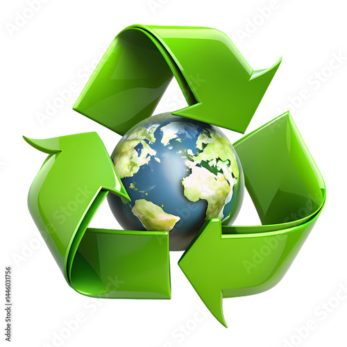 Global Recycling Symbol Earth and Green Arrows isolated on transparent background