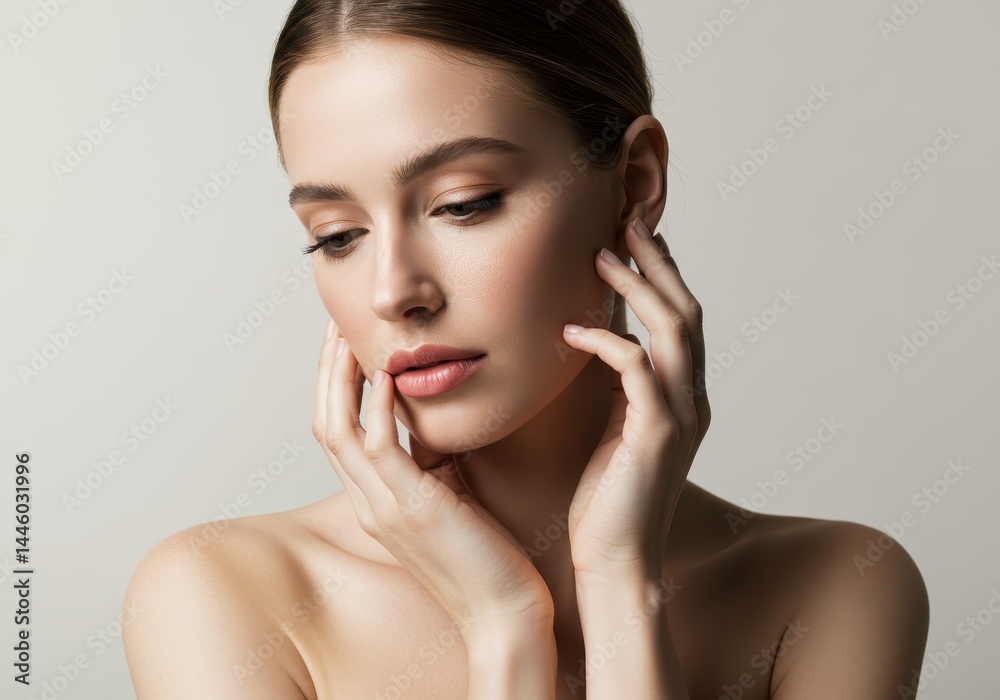 Elegant woman with hands on face showing skincare and beauty