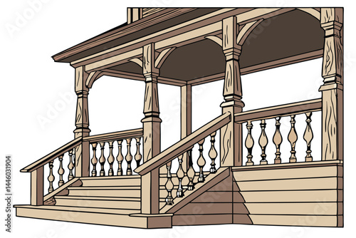 83 Rustic wooden balustrade, ornate spindles, weathered timber, porch railing, antique carpentry, detailed woodwork, warm brown tones, architectural detail, classic design, outdoor furniture element, 