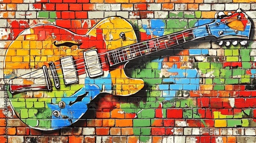 Vibrant electric guitar mural on a brick wall