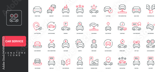 Car dealer and dealership business, auto showroom with new vehicles, price and guarantee line icon set. Rent and sell automobile, car review thin black and red outline symbols vector illustration