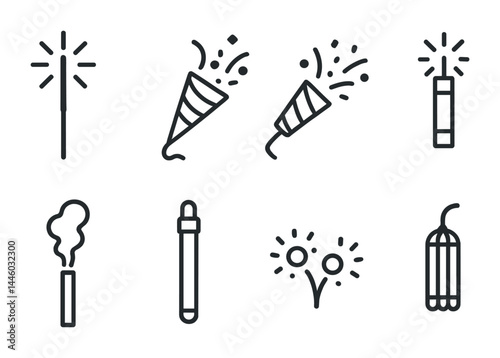 Fireworks and celebration icon set – outline style festive, holiday, and party symbols for event design: sparklers, confetti, fireworks cone, smoke bomb, firecracker