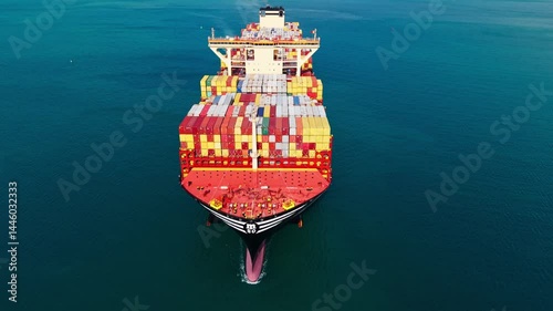 Large cargo ship transporting colorful containers across ocean