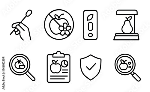 Food safety and hygiene icon set – outline style kitchen, nutrition, and inspection symbols for health standards: hand with swab, no bacteria, expiration date, weight scale, quality check, compliance