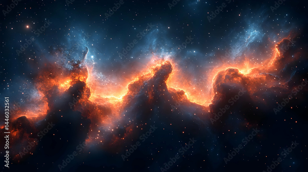 Fototapeta premium Fiery Nebula in Deep Space with Blue and Orange Hues