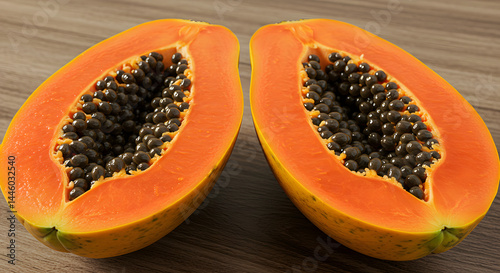Vibrant halves of a papaya, showcasing the orange flesh and dark seeds, on a wooden table.