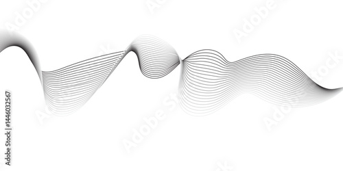  "Create a vector illustration of a black and white twisted ribbon-like wave. The design should feature smooth, overlapping transparent layers with a slight 3D effect. The background must be plain whi