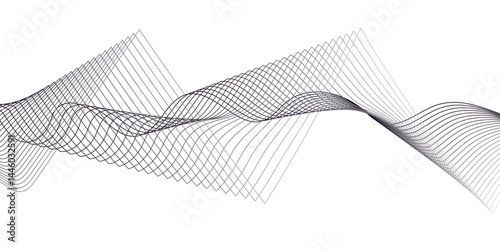  "Create a vector illustration of a black and white twisted ribbon-like wave. The design should feature smooth, overlapping transparent layers with a slight 3D effect. The background must be plain whi