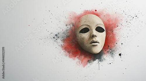 A haunting watercolor and ink scene of a ritual mask floating in misty ink space fractured by red nebula splits symbolizing spiritual fragmentation and inner fear