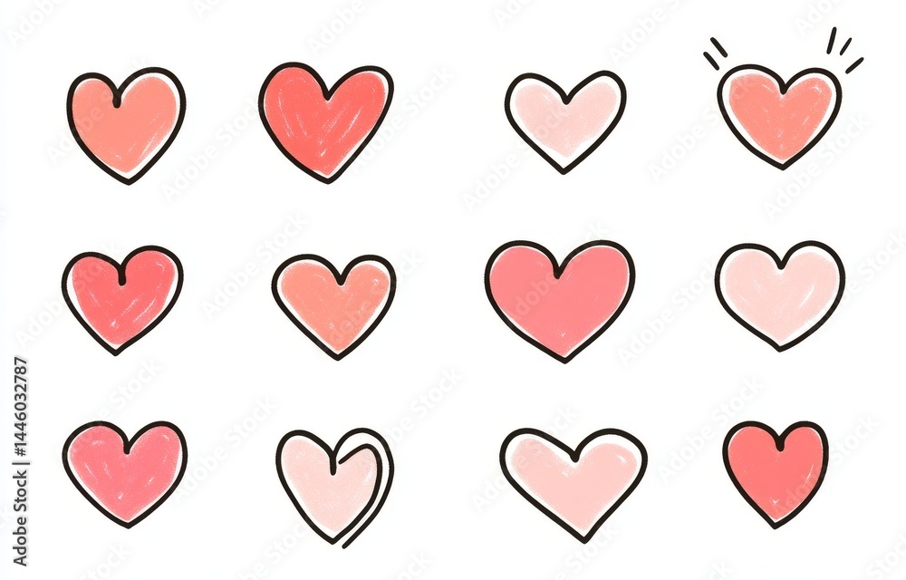 Collection of hand-drawn heart shapes in various shades of peach and pink Collection of hand-drawn heart shapes in various shades of peach and pink