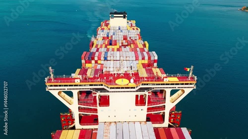 Large cargo ship transporting colorful containers across ocean