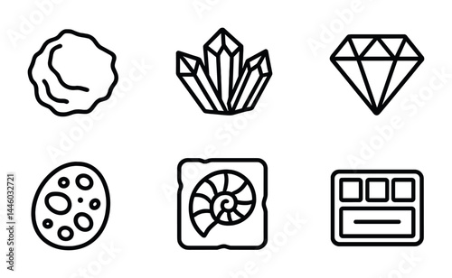 Gem and mineral icon set – outline style for geology enthusiasts: crystal, diamond, fossil, geode, gemstone, mineral specimen, ammonite, sedimentary rock.