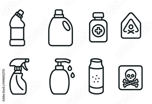 Kitchen cleaning and safety line icons set – outline style hygiene, sanitation, and caution symbols for safe cooking: detergent, sanitizer, hazardous, spray bottle, soap, warning, poison.