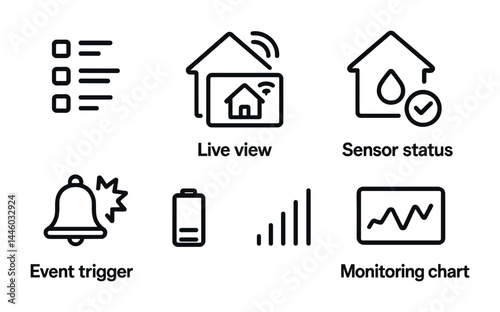 Home automation technology icon set – line style smart home, iot, and security symbols: live view, sensor status, event trigger, battery level, signal strength, monitoring chart.