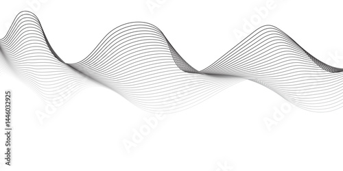  "Create a vector illustration of a black and white twisted ribbon-like wave. The design should feature smooth, overlapping transparent layers with a slight 3D effect. The background must be plain whi
