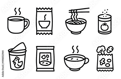 Instant noodles and snacks icons – outline style for culinary, packaging, and fast food design: soup cup, ramen packet, noodle bowl, tomato can, chicken container, snack bag, broth bowl, veggie mix.