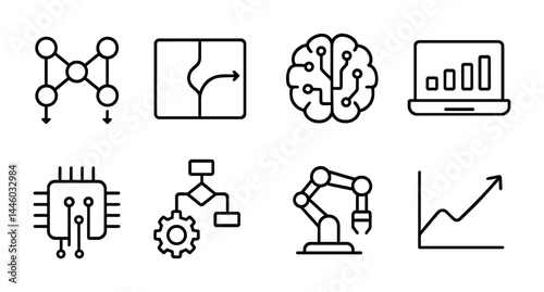 Technology and innovation line icons set – outline style digital transformation, ai, and data analytics symbols: circuit, neural network, chip, gear, robot, graph