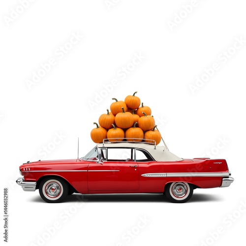 Vintage red car with pumpkins on roof, white background