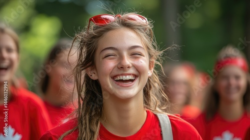 Joyful teen girl laughs outdoors
