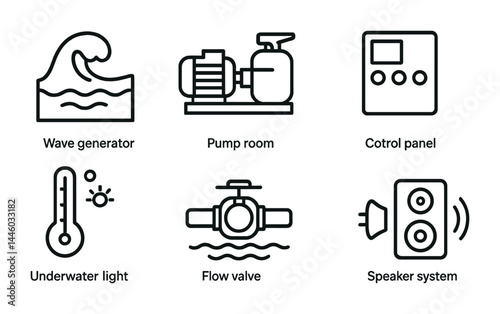 Industrial equipment outline icons – linear style automation, manufacturing, and engineering symbols: wave generator, pump room, control panel, thermometer, valve, speaker.