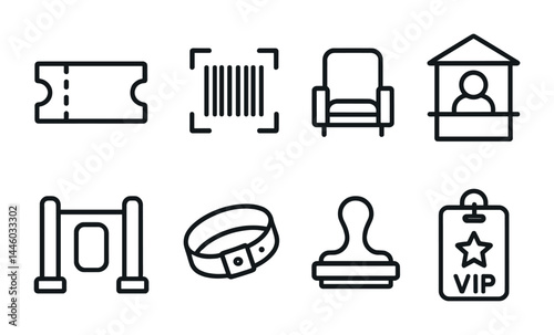 Event and ticketing icons – outline style for concert management and venue access: ticket, barcode, seat, ticket booth, barrier, wristband, stamp, vip badge.