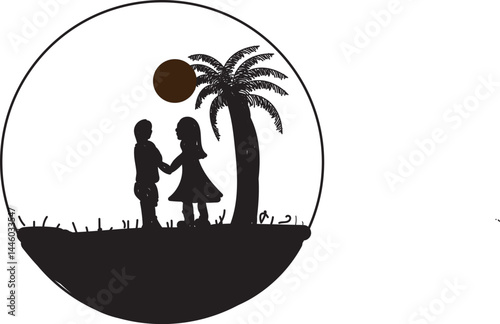Silhouette of lovely family, tree and  house at farm field in woodcut style