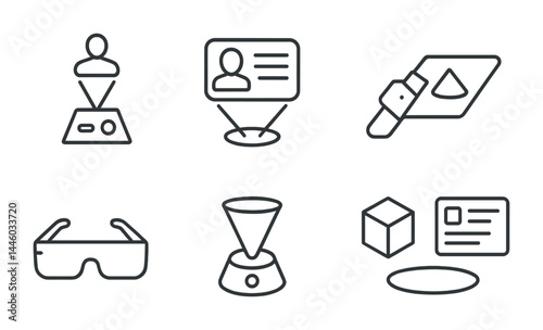 Futuristic hologram technology icons - line style visual interface symbols for innovative design: hologram projector, virtual id card, augmented reality glasses, vr cube, virtual console