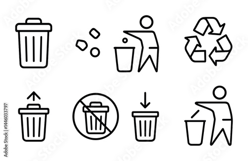 Waste management and recycling icons set – outline style eco-friendly, sustainable, and clean environment symbols: trash can, recycle bin, garbage, waste sort, compost, reduce.